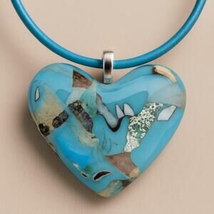 Custom Blue Neutral Tones Heart Glass Fused Pendant on Blue Metallic Leather